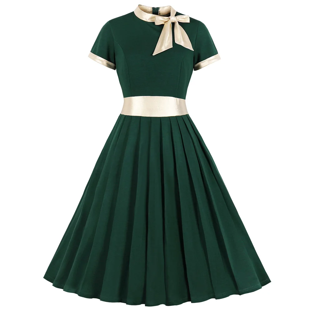 Joineles Ribbons Bowknots Party Vestidos De Feast Plus Size Solid Women Retro Dress Short Sleeves Pleated Vintage Dress 4XL Robe - Цвет: Green