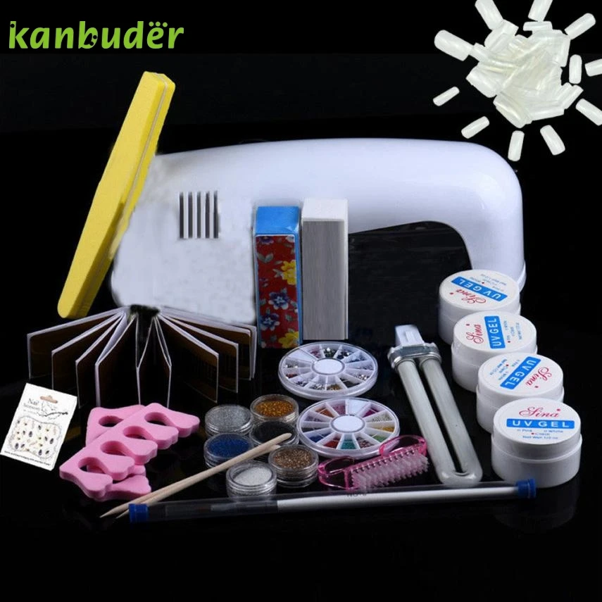 Wanita 9 w pengering lampu kanbuder tube uv gel kit brush buffer toe seperator glitter bubuk cair alat nail tips lem diy kit AP35