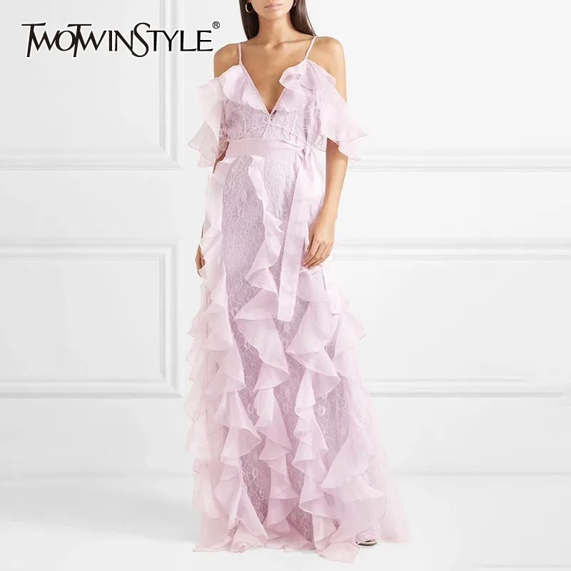 

TWOTWINSTYLE Summer Ruffles Lace Patchwork Women's Dress V Neck Off Shoulder High Waist Bowknot Bandages Dresses Female 2019