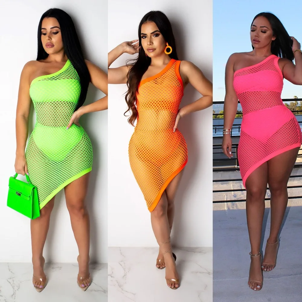 

BKLD Neon Green Pink Orange Mesh Fishnet Sexy See-through Bodycon One Shoulder Dress Suits 2019 3 Piece Crop Top And Shorts Sets