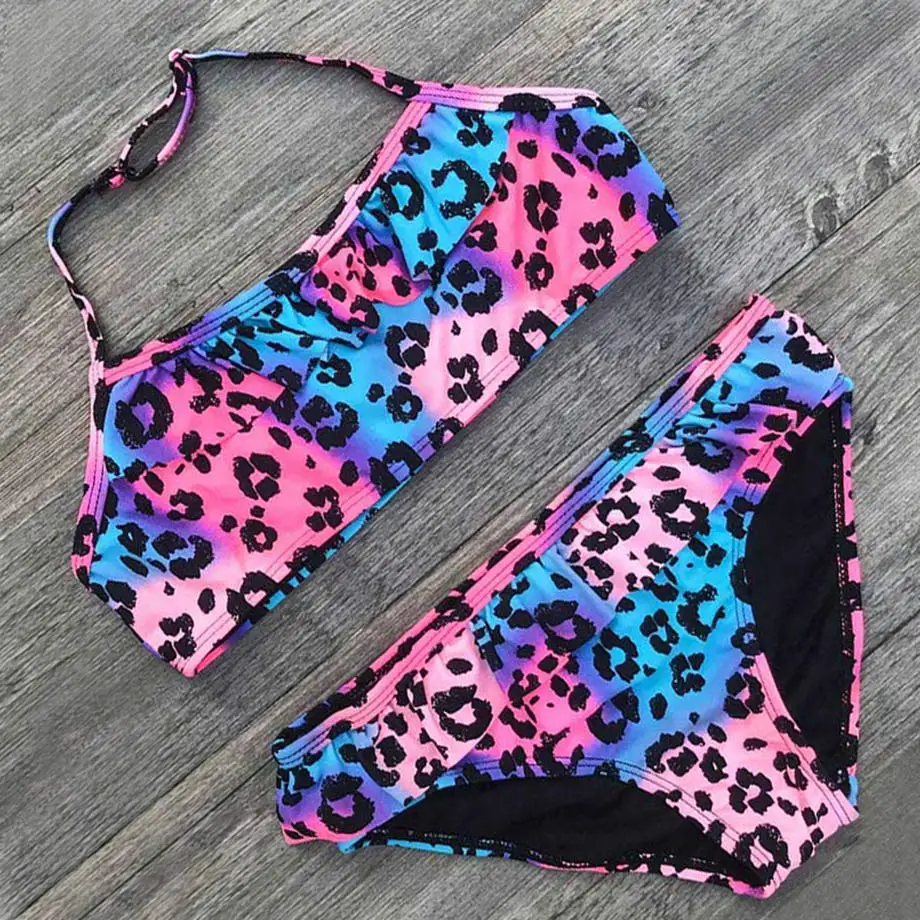 

7-14 Years Leopard Girl Swim Wear Crop Top Kids Swimwear Children Two Piece Swimsuit Printed Teenagers Swimming Suit for Girls