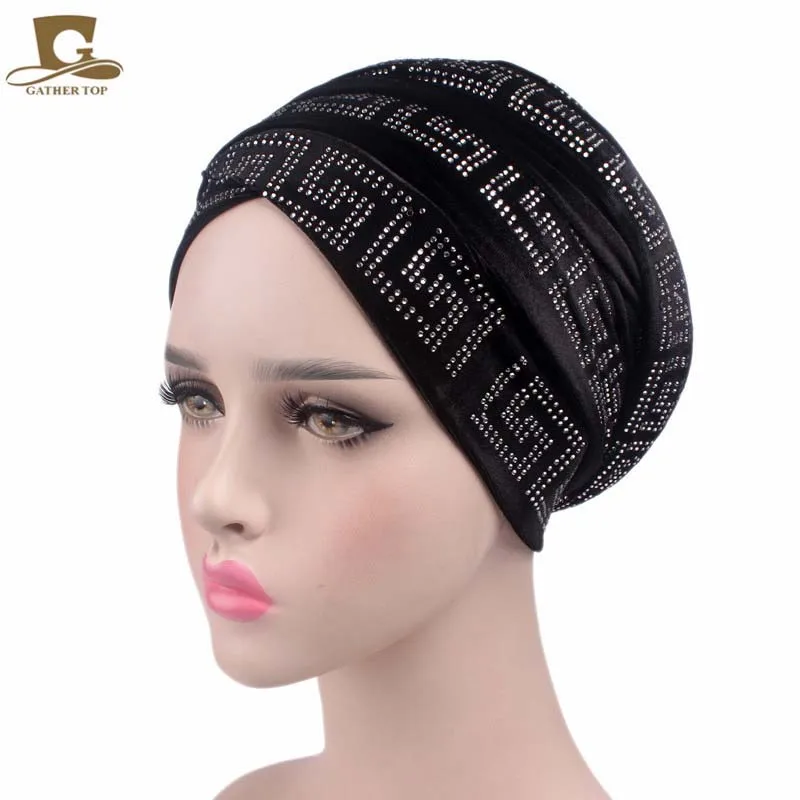Элегантный бархатный тюрбан Диаманте, нигерийский удлиненный головной убор, женский роскошный хиджаб головной платок, головной шарф, женские Украшения на голову, тюрбан