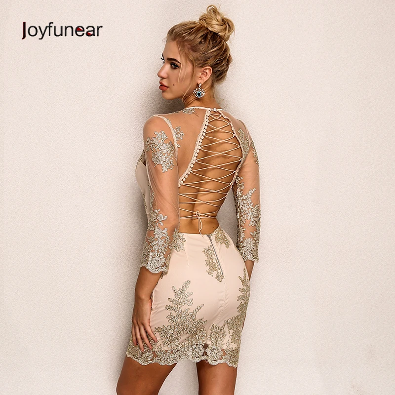 

Joyfunear Summer Dress Lace Patchwork V Neck Mini Dress Three Quarter Sleeve Elegant Party Dresses Sexy Dress vestidos de fiesta