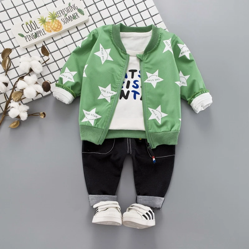 

Autumn Baby Boys Long Sleeve Letter T-shirt + Star Jacket Coat + Casual Trousers Kids Clothing Sets Children's 3Pcs Suits