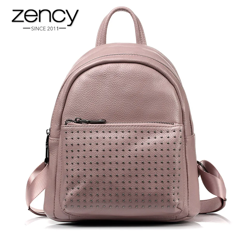 Zency 100% Genuine Leather Holiday Women Backpack With Rivet Preppy Style Schoolbag For Girls Fashion Travel Knapsack Taro Pink Zency 100% Genuine Leather Holiday Women Backpack With Rivet Preppy Style Schoolbag For Girls Fashion Travel Knapsack Taro Pink