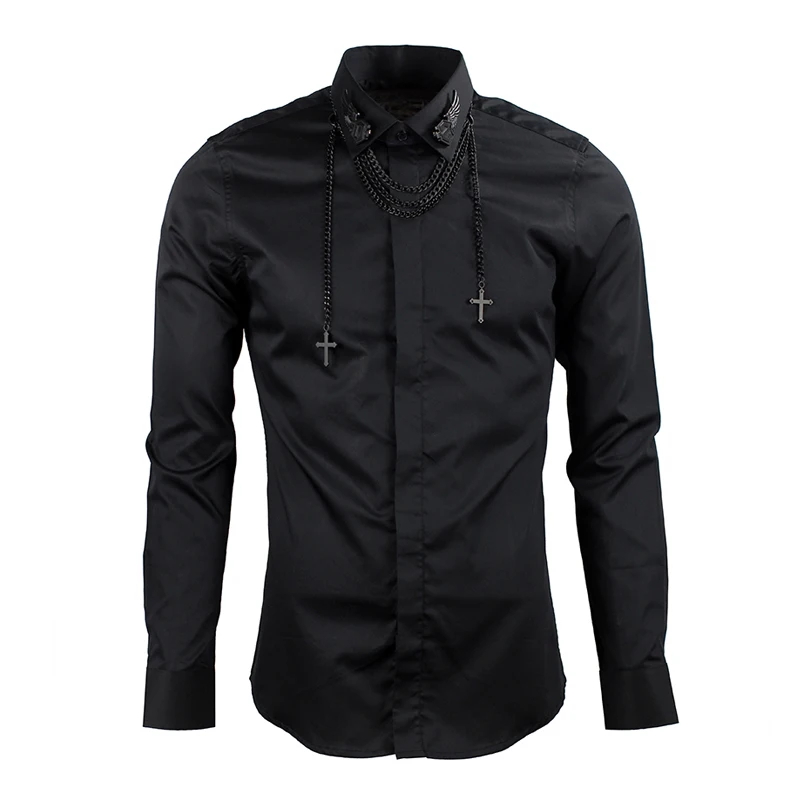 

2019 Fashion show new high-end metal chain hawk logo collar tide man dressing style long sleeved shirt