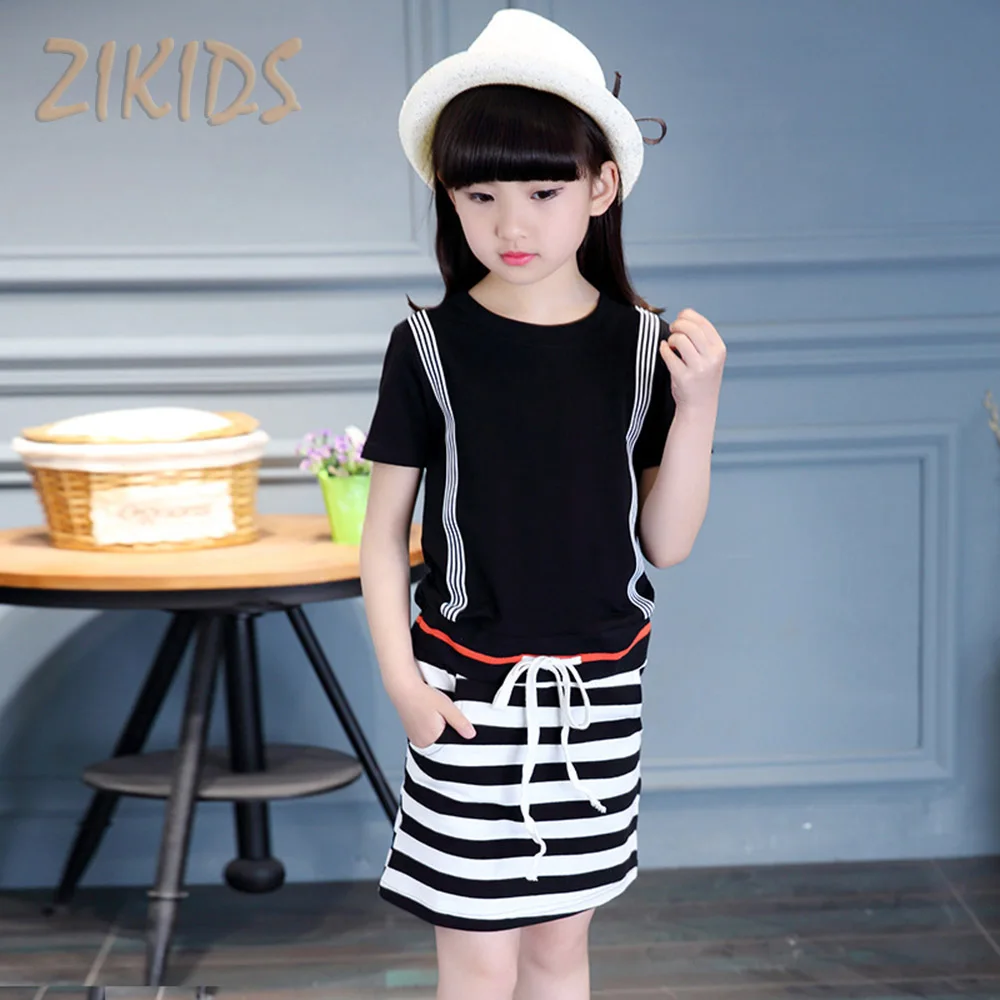 

2017 New Summer Dresses for Girls Korean Fake 2 Pieces of Striped Dress Girls Clothing Children Brand Cotton Kids Clothes