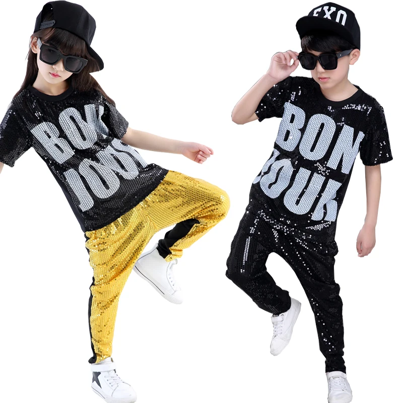 Girl Dance Costume Sequins Dress Girls Boys Sequins Modern Jazz Dance Outfits Tops Pants Ballroom Hip Hop Dancing Suit Kids Adults Stage wear Costumes Clothing