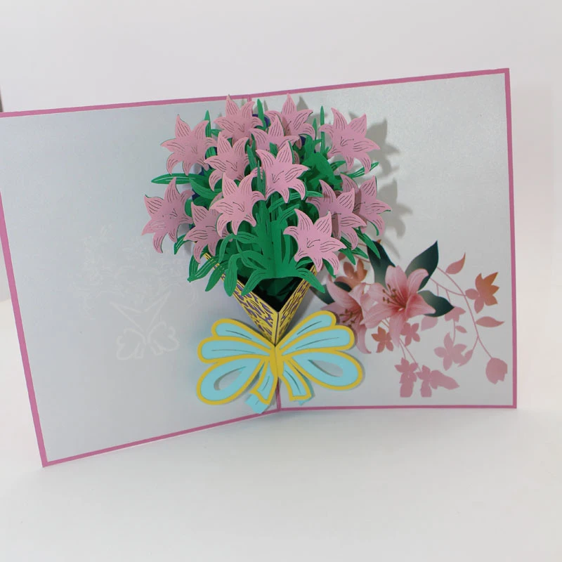  3D Laser Cut Handmade Pink Bouquet of Roses Lily Paper Invitation Greeting Cards Valentine's Day We - 32892383186