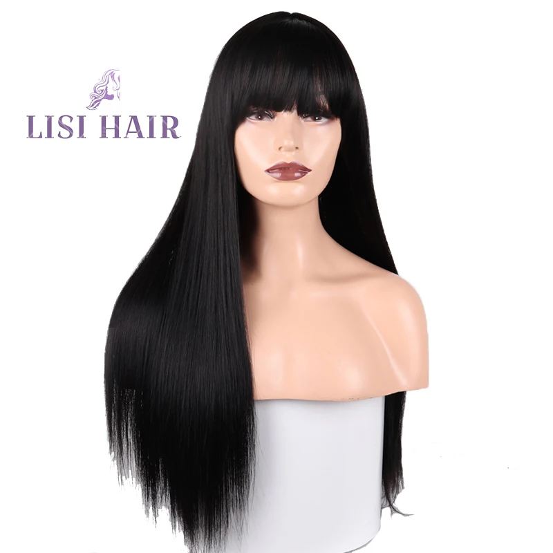 Дешево LISI волосы блонд Длинные прямые парик с челкой синтетические волосы парики взрыва с париком для женщин черный коричневый термостойкие парик...