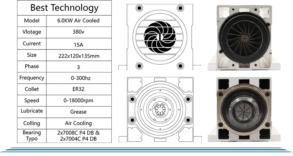 Новое поступление! 6.0kw шпиндель с воздушным охлаждением ER32 300 гц 220 в/380 в с монтажным фланцем 4 шт керамические шариковые подшипники 0,01 мм точность