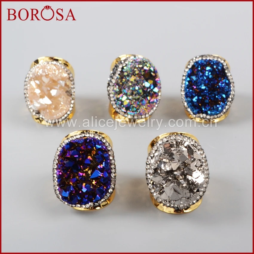 BOROSA Gold Color Rainbow Crystal Titanium Druzy Quartz Copper Ring Paved Zircon for Women JAB255