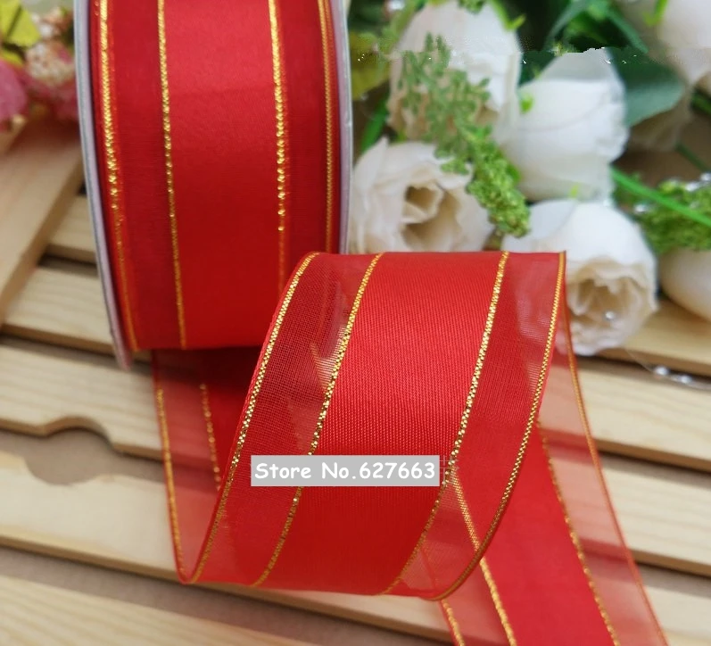 Red satin center organza ribbon with gold line Christmas ribbons ,Free