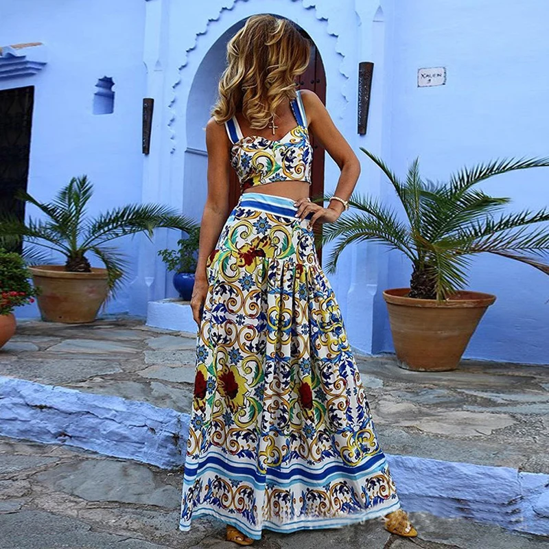 

Women Summer Boho Beach Dress Two Piece Set Print Spaghetti Straps Sexy Draped Maxi Dress Plus Size Long Elegant Party Dress