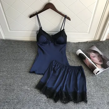 

Women Pajamas Satin Sleepwear Pijama Silk Home Wear Lace Home Clothing Chest Pads Spaghetti Strap Sleep Lounge Pyjama