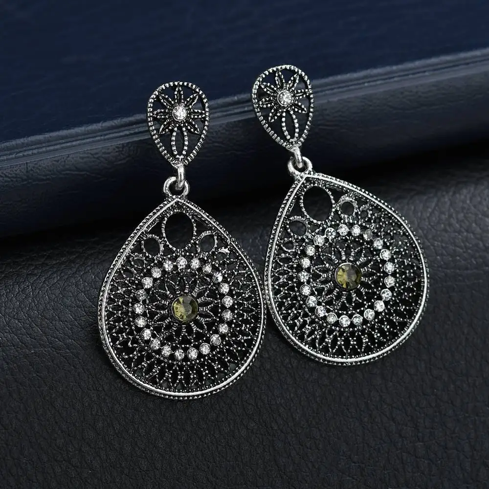 

National Wind Earrings Rhinestone Long Earring Hollow Sun Flower Silver Color for Women Girls Party Vacation Birthday Gift