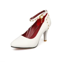 EUR size 44 45 46 47 48 high-quality PU zapatos mujer rivets design buckle strap women shoes pointed toe high spike heel pumps