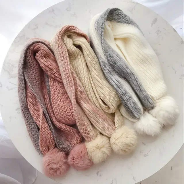 Новый шарф с двойными шариками, Детские Зимние теплые шарфы с воротником для мальчиков и девочек, вязаный зимний шарф с помпоном