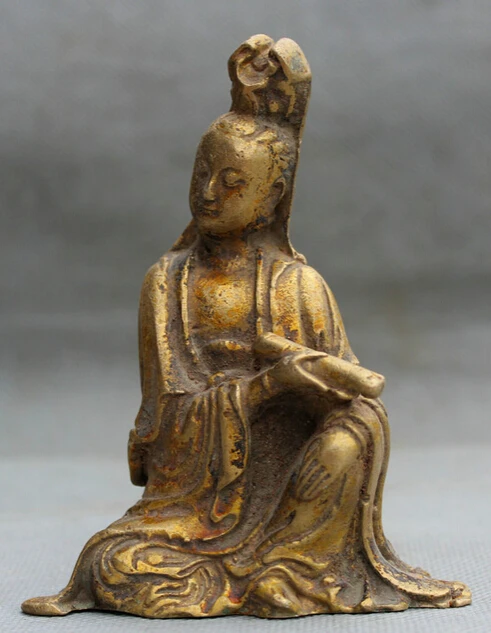 

4" Old Chinese Buddhism Bronze Gild Seat Kwan-yin Guan Yin Goddess Statue S0705