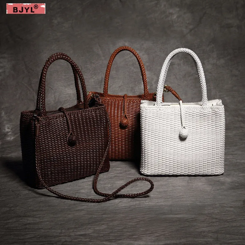 

BJYL New hand-made Women handbags genuine leather weave trend retro ladies shoulder bag luxury fashion female messenger bags