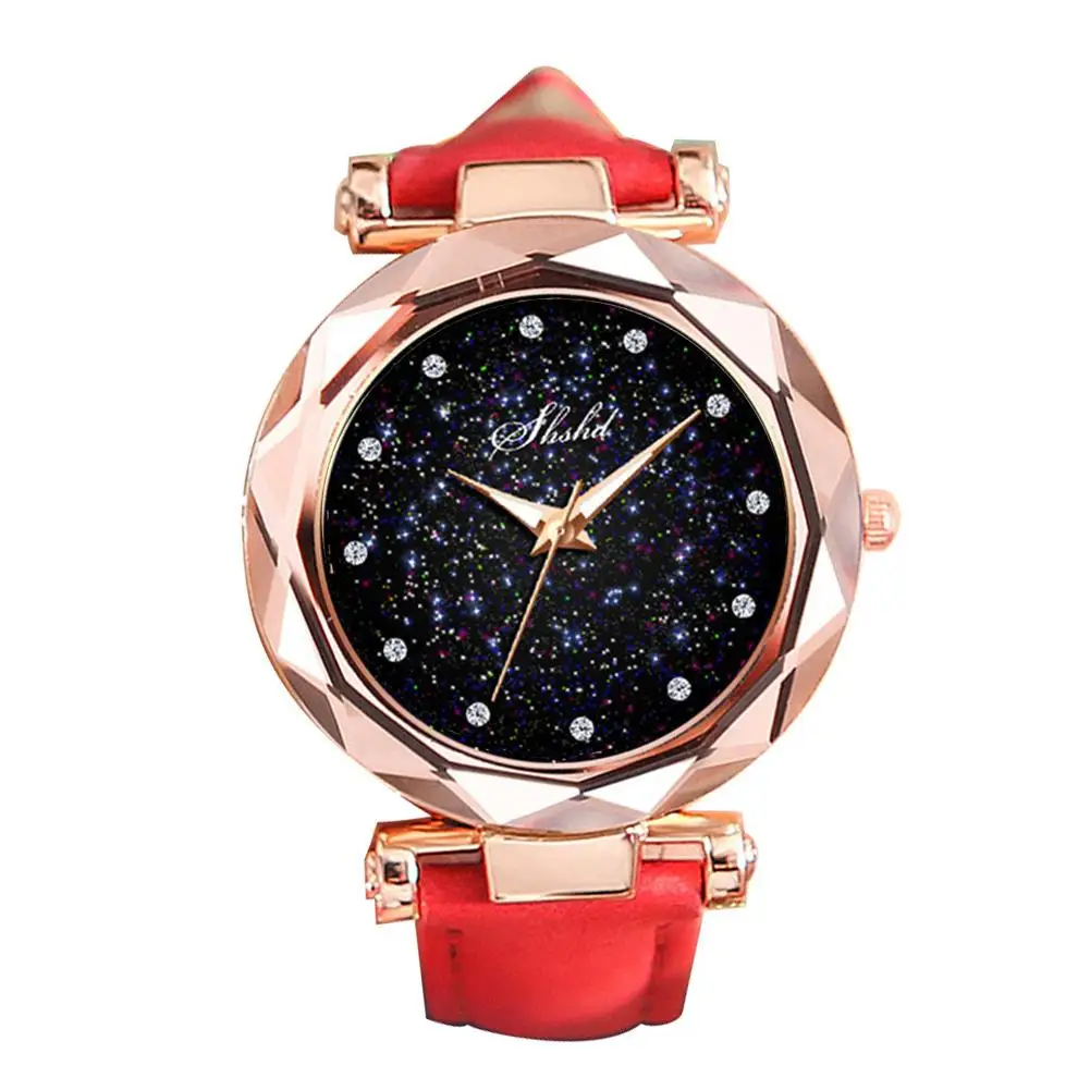 

Popular Rhinestone Index Starry Sky Round Dial Faux Leather Band Lady Quartz Wrist Watch