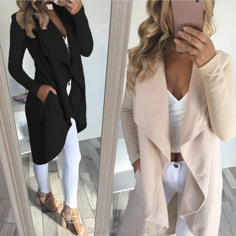 

Women Asymmetric Turn-down Collar Trenchcoat Solid Color Large Laple Long Sleeve Cardigan Windbreaker