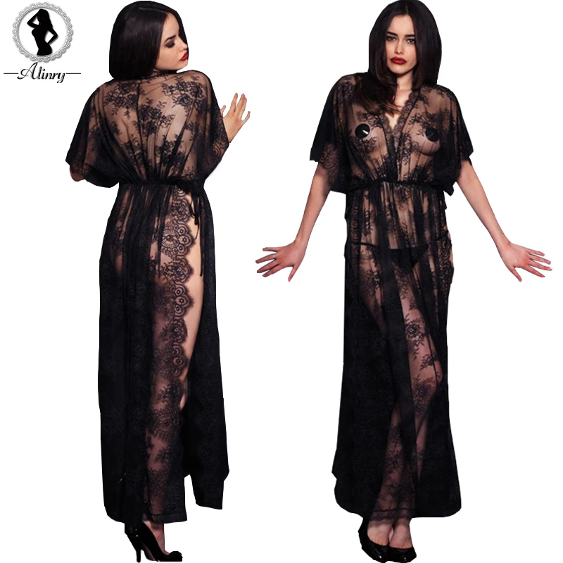 2017 Sexy lingerie hot black lace robe + T-thongs erotis lingerie deep-v neck lengan pendek Side jahitan perpecahan terbuka paha pakaian