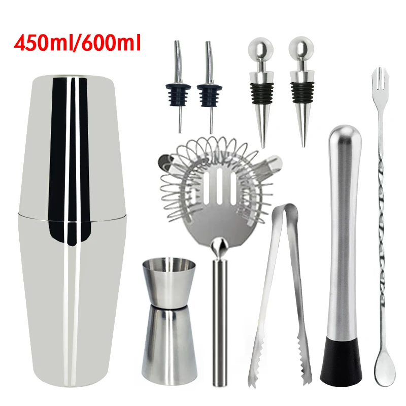 10-11Pcs/set Bar Set with Measuring Jigger Mixing Spoon Stainless Steel Bar Tools Built-in Bartender Strainer Cocktail Shaker - Цвет: 11Pcs450600ML