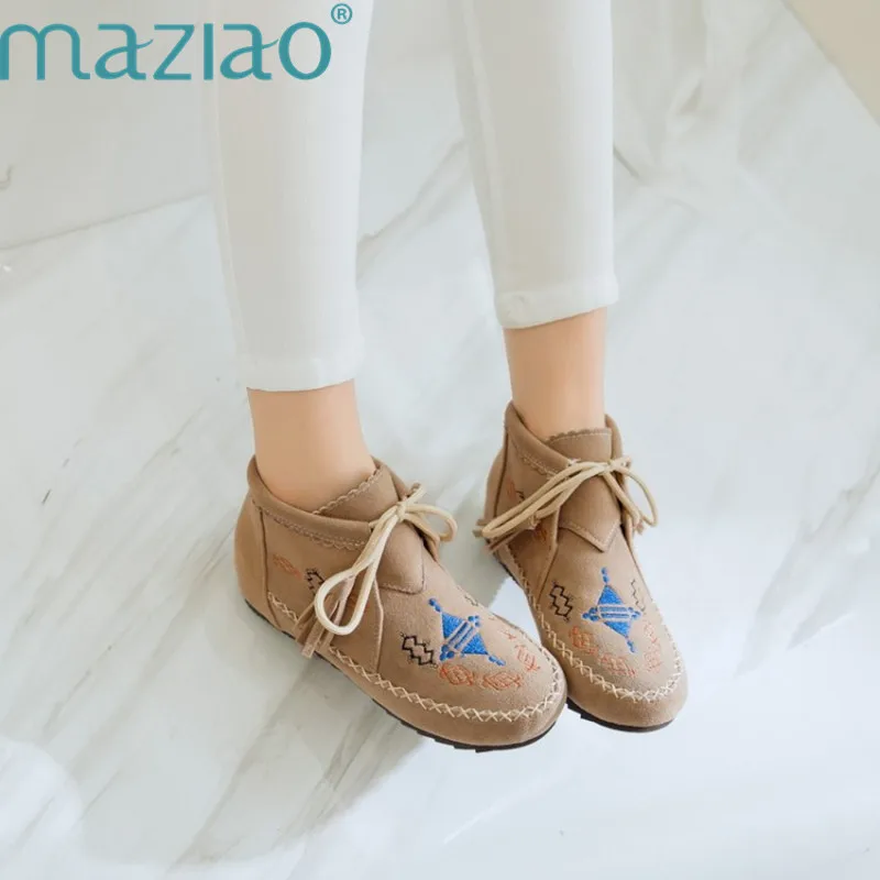 

New Top Quality Fashion Women Snow Suede Boots Embroidery Winter Warm Women lace-up shoes MAZAIO
