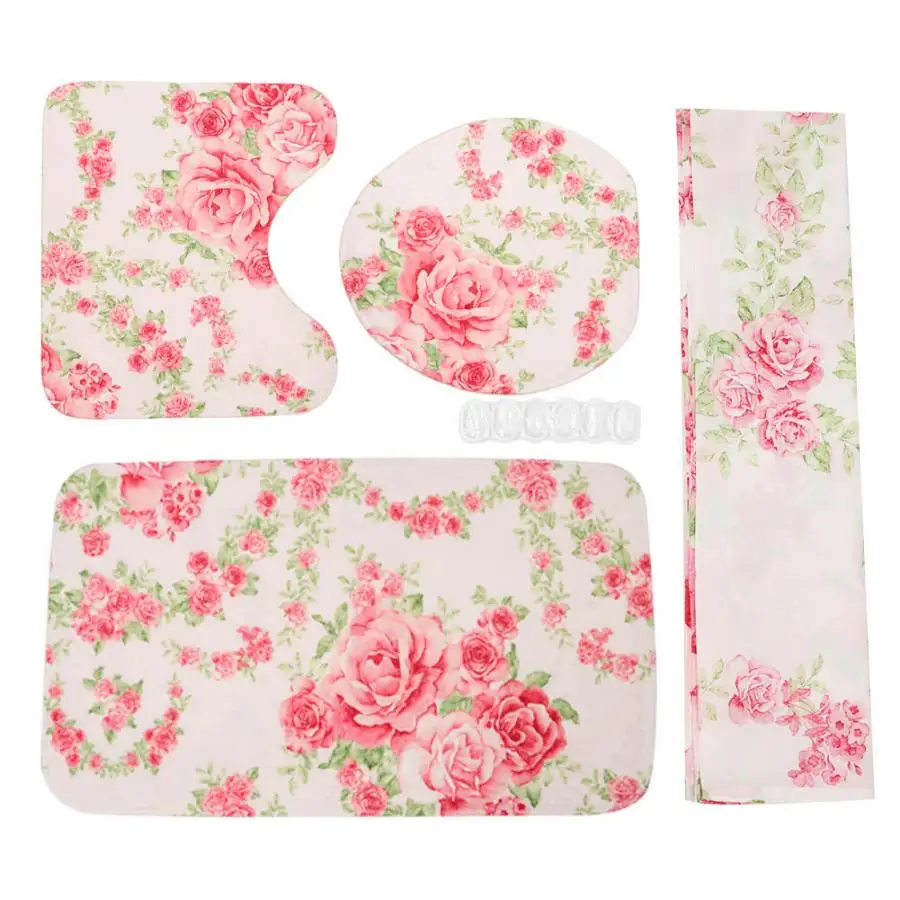 

4 pcs/set Rose Printed Pattern Shower Curtain Rug Lid Toilet Cover Mat Bath Mat Set