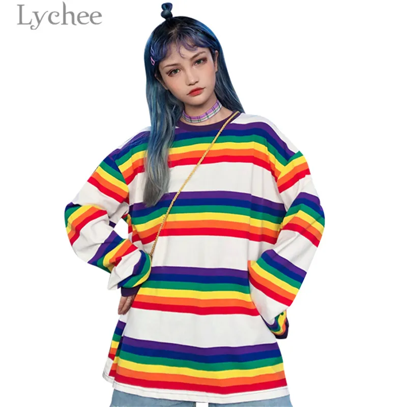 

Lychee Trendy Rainbow Stripes Women Long T-Shirt Long Sleeve O-Neck Black Female T Shirt Casual Loose Tee Top