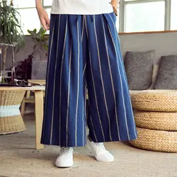 Мужские уличные модные свободные шаровары мужские в китайском стиле широкие повседневные льняные штаны кимоно Полосатая юбка брюки