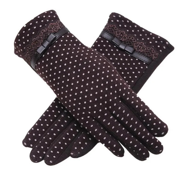 INDJXND новые теплые перчатки в горошек с бантом женские зимние перчатки женские противоскользящие хлопковые элегантные кружевные кашемировые перчатки