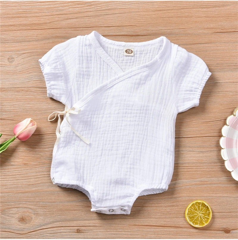 Одежда для новорожденных мальчиков и девочек 0-18 месяцев, летний однотонный Детский комбинезон с короткими рукавами, элегантная повседневная Милая одежда, пляжный костюм для новорожденных