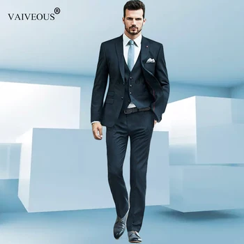 

Navy Blue slim fit Men Suit costume homme Vest Formal Business mens blazer Suit mens suits wedding groom(jacket+pants+Vest)