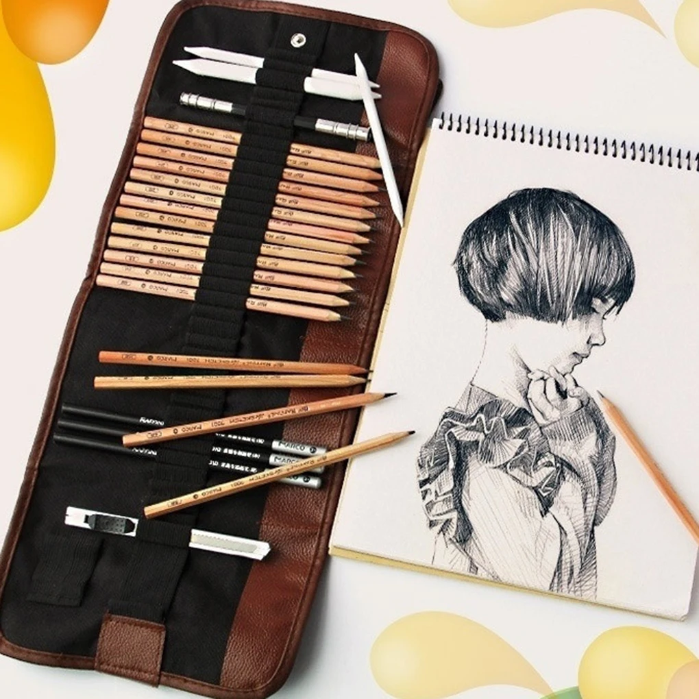 

24 Slots Pencil Bag Wrap Roll Up Students Canvas Sketching Pen Case Brushes Makeup Pouch
