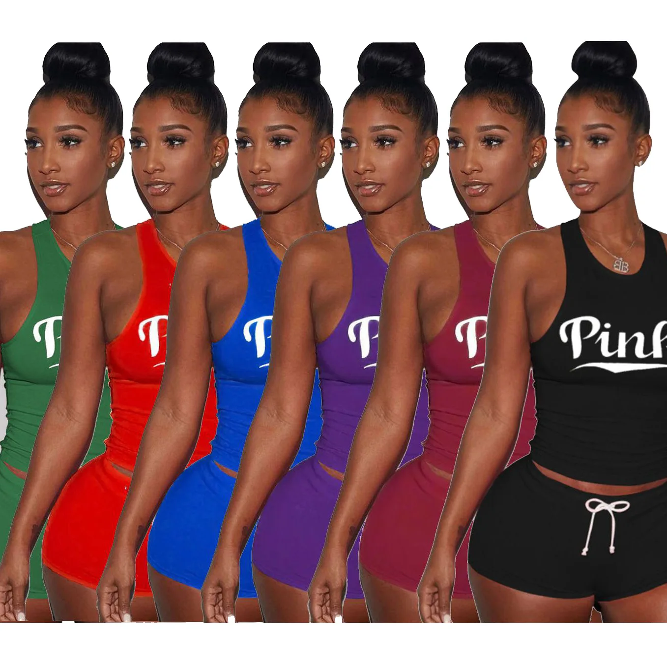 

2019 Summer Casual Large Size Women's Solid Color Pink Print Decoration Sleeveless Tank Top Shorts Sports 2 Piece Suit 6 color