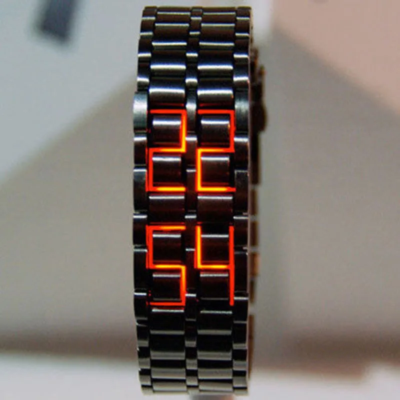 

Fashion Black Full Metal Digital Lava Wrist Watch Iron Metal Red LED Samurai for Men Boy Sport Simple Wathes