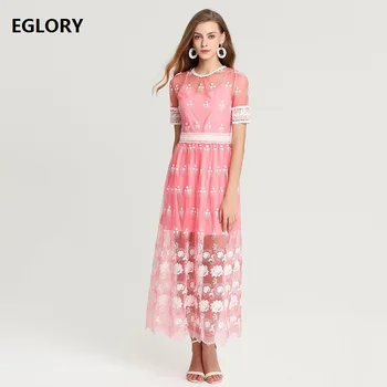 

Pink Long Dress 2019 Summer Fashion Wedding Party Woman Sexy Sheer Mesh Embroidery Short Sleeve Ankle Long Maxi Dress Sexy Lady