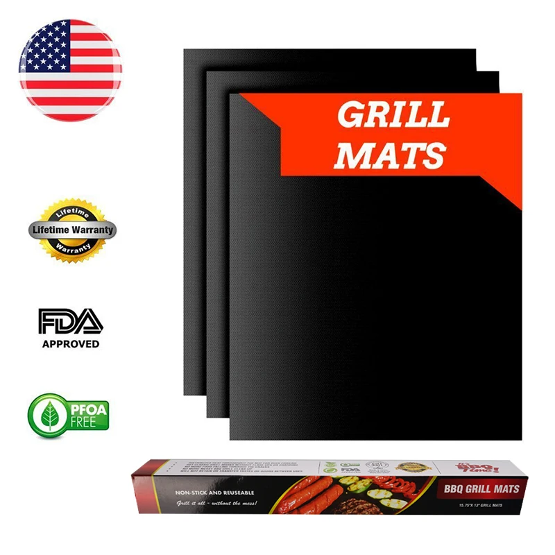

WALFOS 3 pieces Reusable BBQ Grill Mat Pad Sheet Hot Plate Portable Easy Clean Nonstick Bakeware Cooking Tool BBQ Accessories