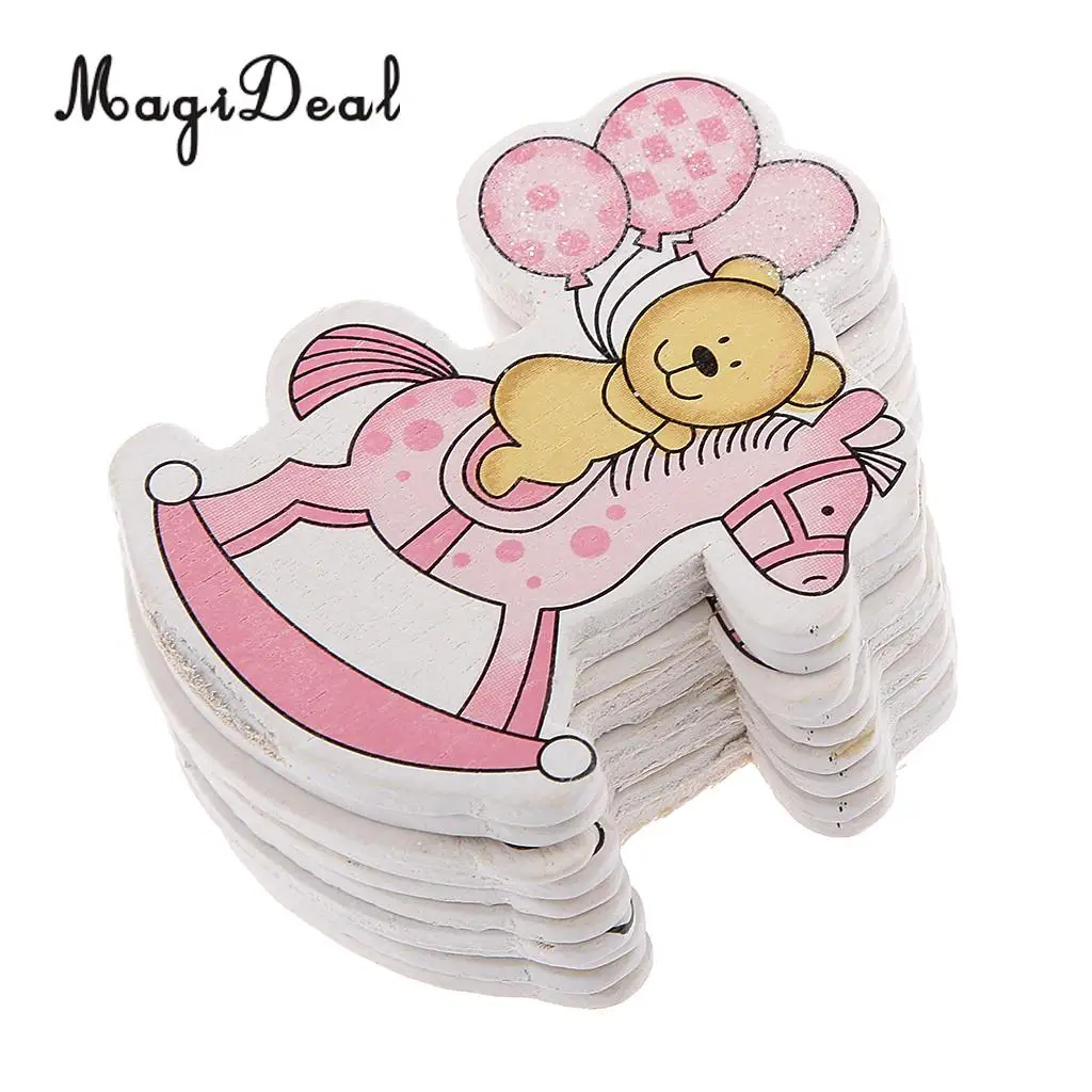 MagiDeal Novelty 10Pcs Wooden Pink/ Blue Horse Carriage Embellishments Card Making Baby Shower Children's Day DIY Craft Favor