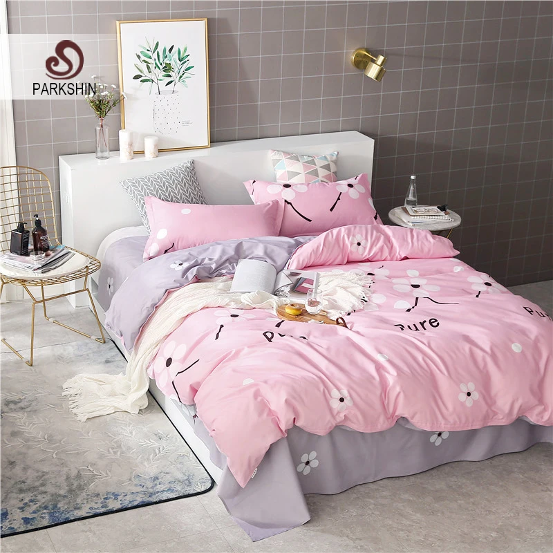 

ParkShin Bedding Set Comforter Duvet Cover Bedspread Sheet Elastic Euro Flowers Pink Queen King Size Double Linens Bedclothes