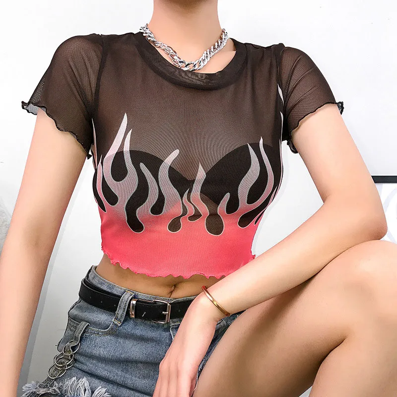 

NORMOV Casual Women Tops Summer O Neck Short Sleeve Flame Print Mesh With Lace Polyester T Shirt Loose Black Short Tops