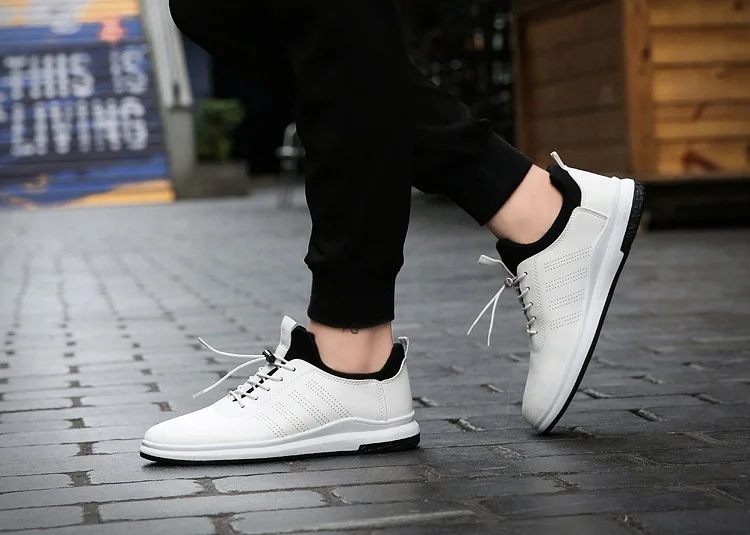 Spring Autumn Man Walking Shoes Sneakers Leather Breathable Korean Sport Shoes Wear-resistant Elastic-band Flat Shoes for Male (1)