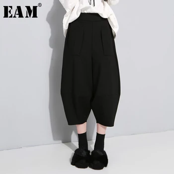 

[EAM] 2020 New Spring Autumn High Elastic Waist Pocket Black Leisure Loose Wide Leg Pants Women Trousers Fashion Tide JU184