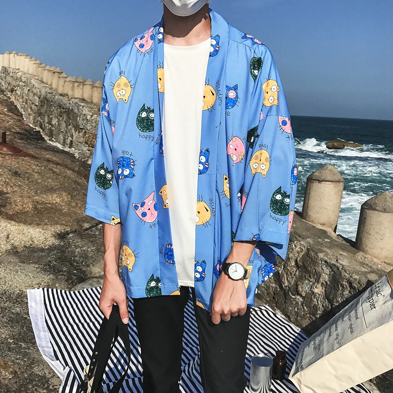 Cartoon Printed Open Stitch Three Quarter Kimono Jacket Men 2018 Summer Men's Kimono Jackets Cartoon Printed Open Stitch Three Quarter Kimono Jacket Men 2018 Summer Men's Kimono Jackets