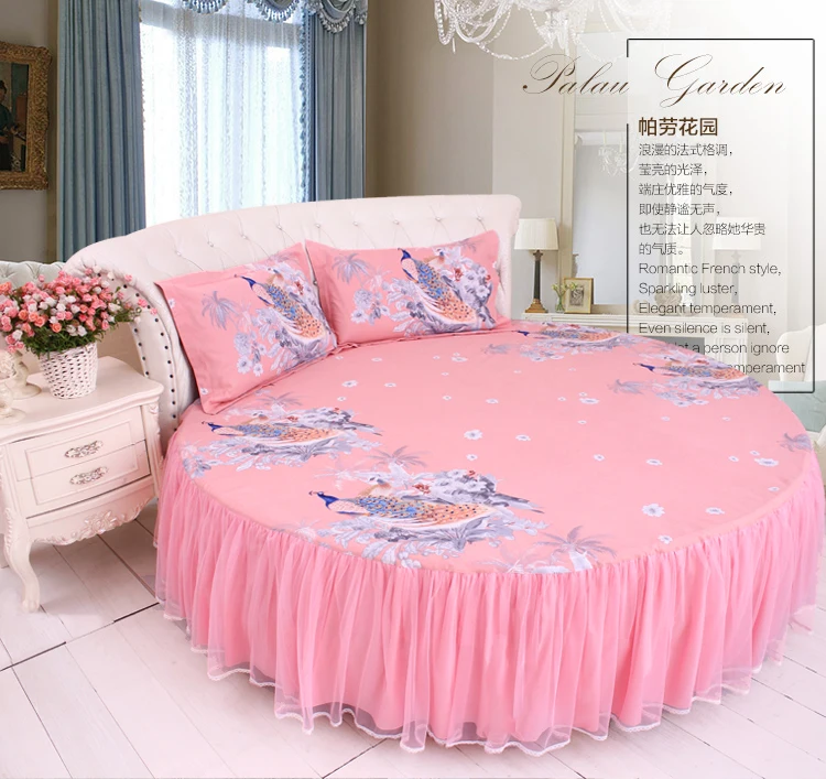 Perfect LACE ROUND Corner Bed Europe Orange color Flower Bedding sets Cotton Round Double Bed sheet Duvet cover Pillow case Bedskirt 79