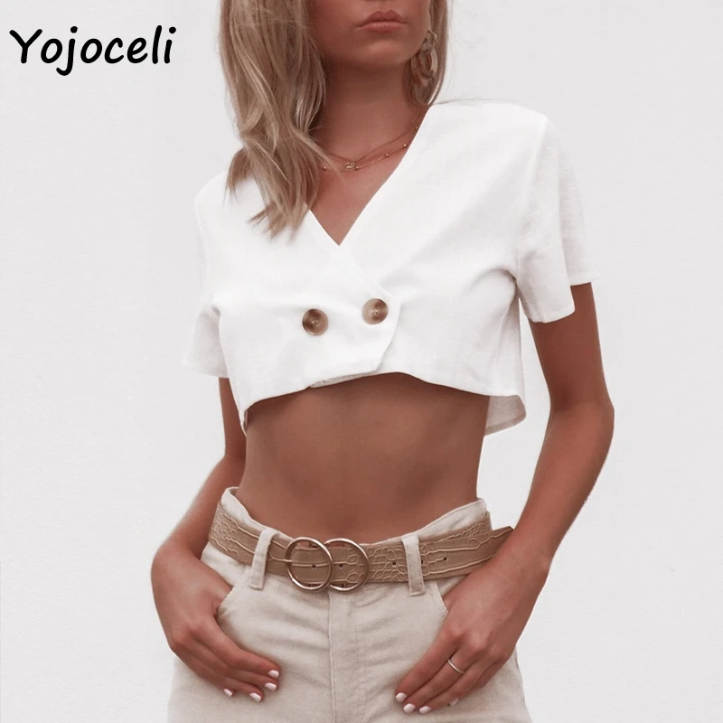 Yojoceli белые хлопковые короткие женские блузки рубашки 2019 летние Обрезанные
