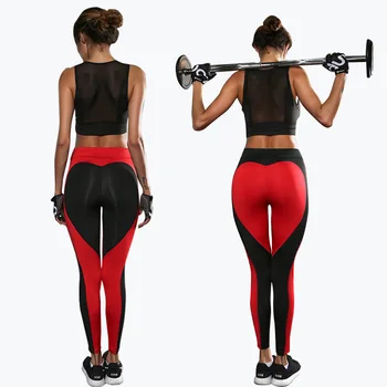 

New Women Fitness Heart Leggings Black Red Patchwork Workout Pants High Elastic Gyming Sportswear Trousers For