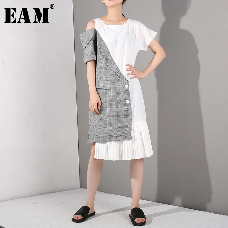 

[EAM] 2019 New Spring Summer Round Neck Short Sleeve Black Plaid Printed Off Shoulder Black Loose Dress Women Fashion Tide JU843